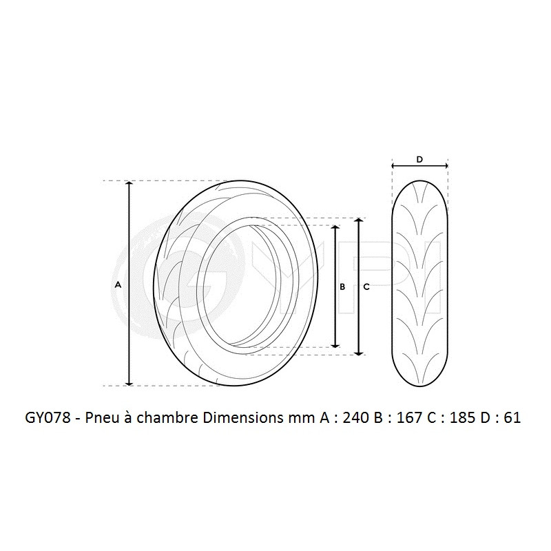 GY078 - Pneu pour trottinette - 250x54 Tubeless pour Xiaomi 4Dimensions mm :A : 240B : 167C : 185D : 61 - GYPI